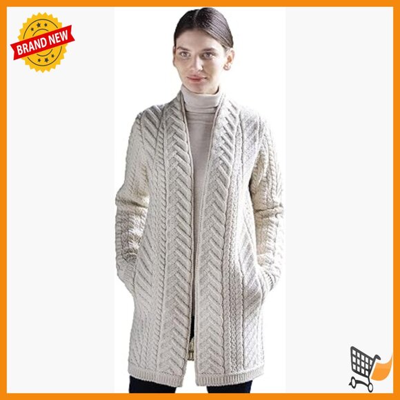 Merino Wool Cardigan Coat Long Sleeve Button Front Traditional Irish Knit